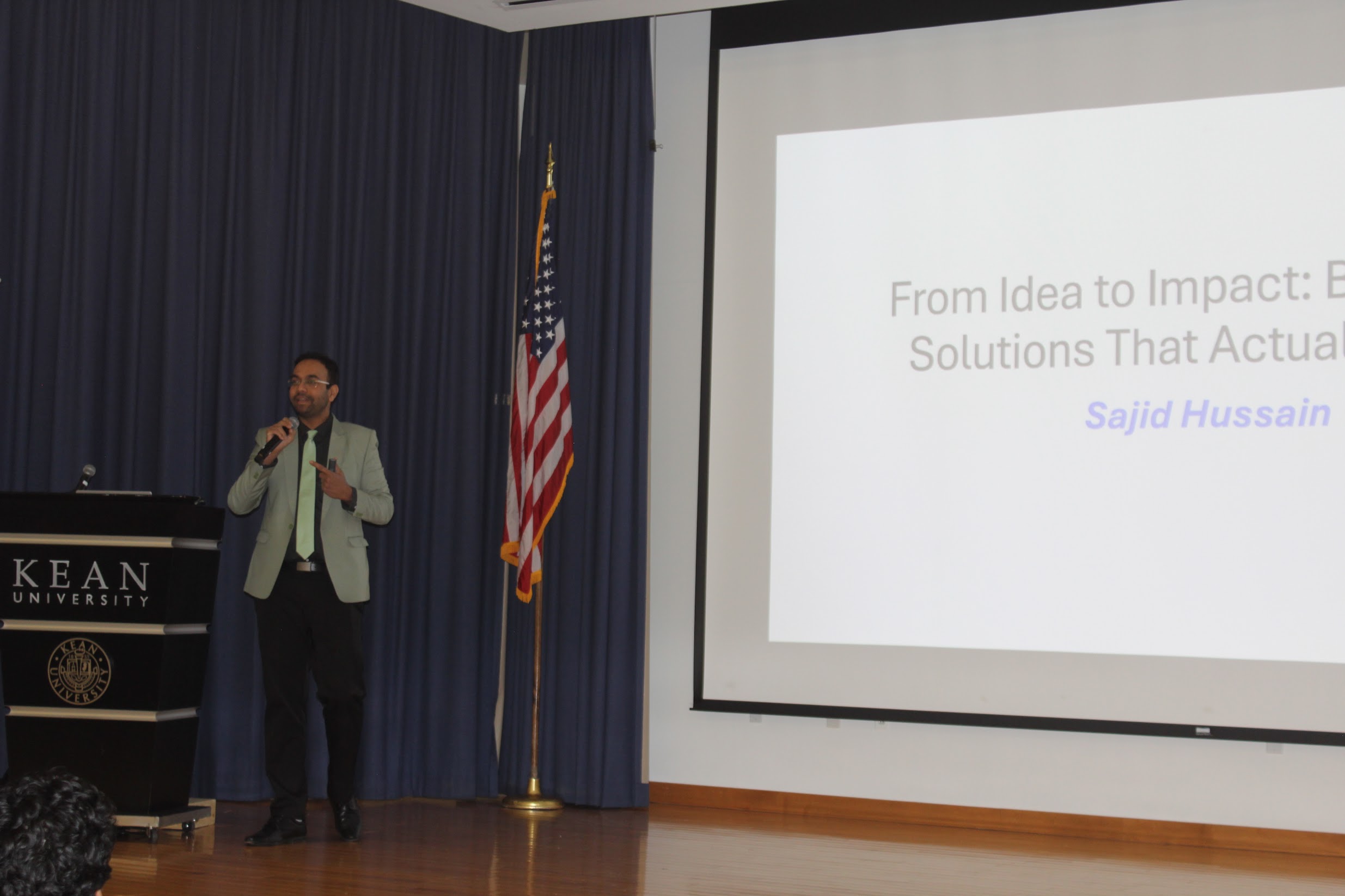 Sajid Hussain delivering the Idea to Impact AI workshop at Kean University